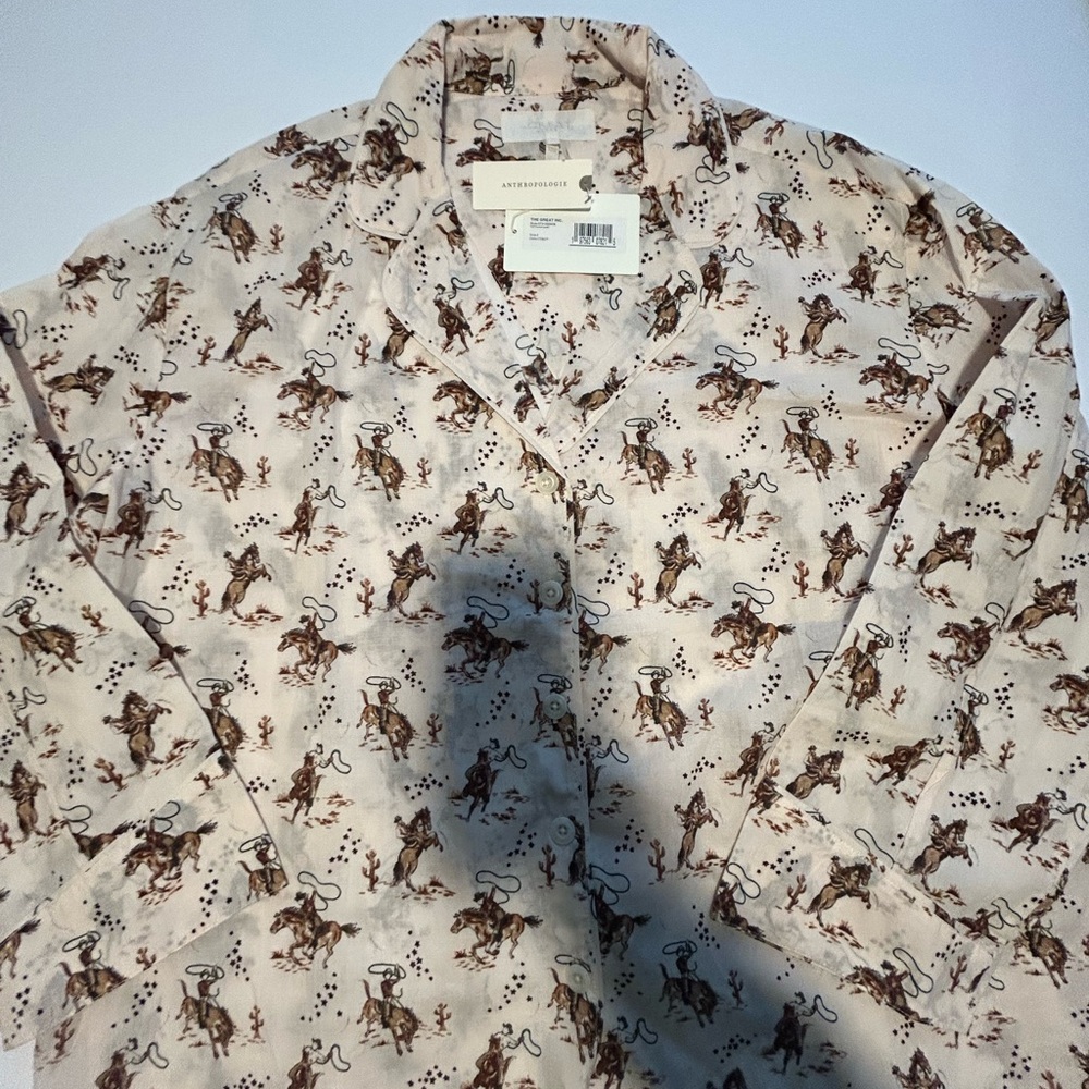 Anthropologie The Great Inc Cream Cowboy Print Button Down Sleep Shirt